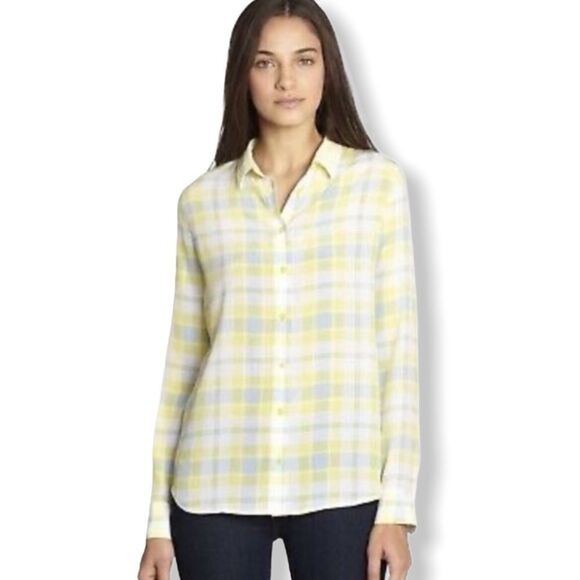 𝅺EQUIPMENT Yellow Plaid Silk Button Up Blouse Size XS - Picture 1 of 7